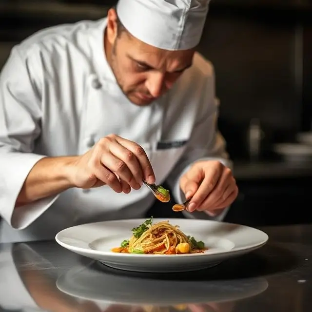 A chef carefully plating a dish