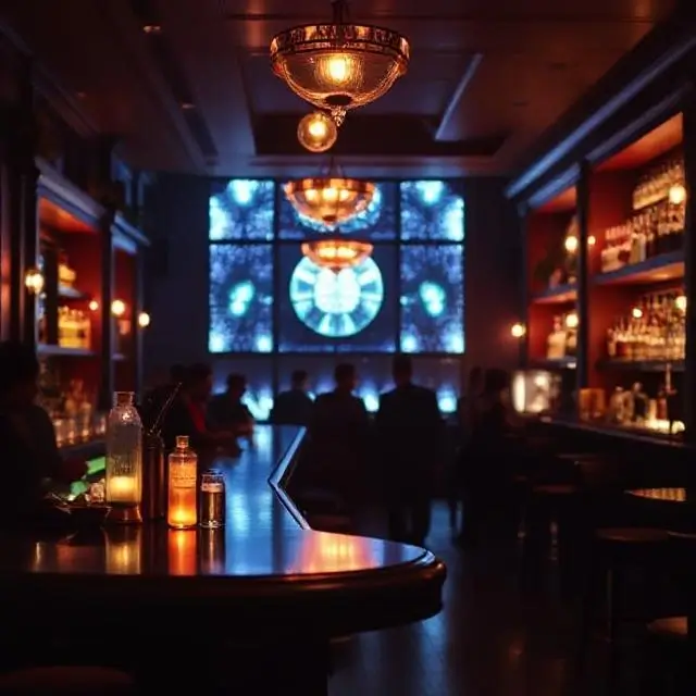 The soft, ambient glow of the main bar