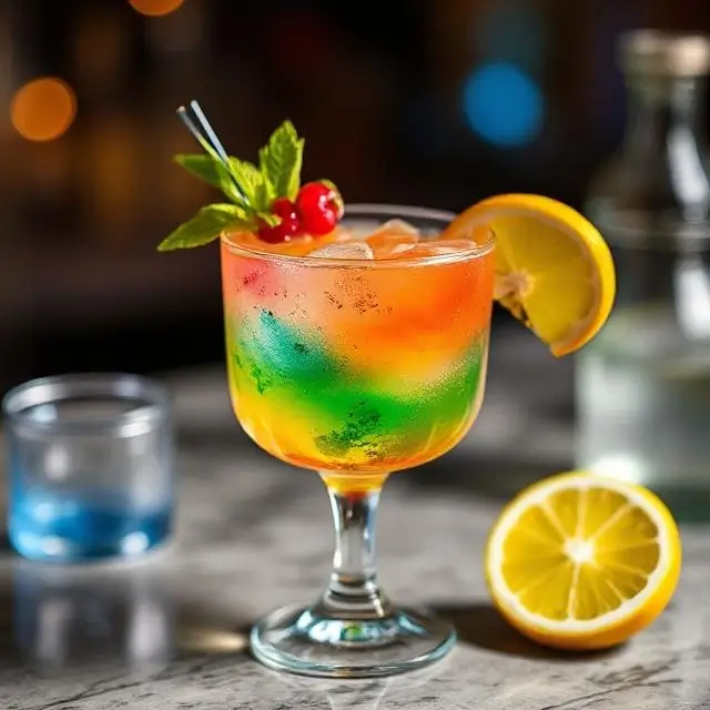 A vibrant, colorful cocktail