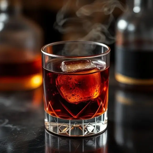 A dark, smoky whiskey cocktail